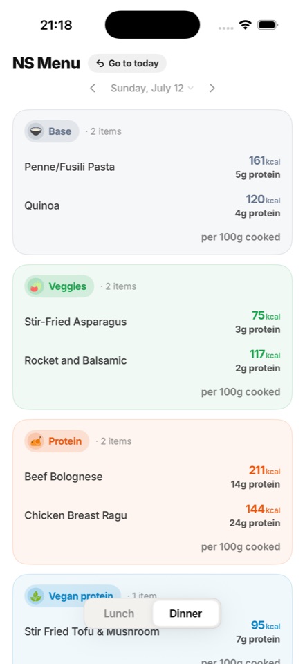 Dinner view: category cards with calories and protein per dish