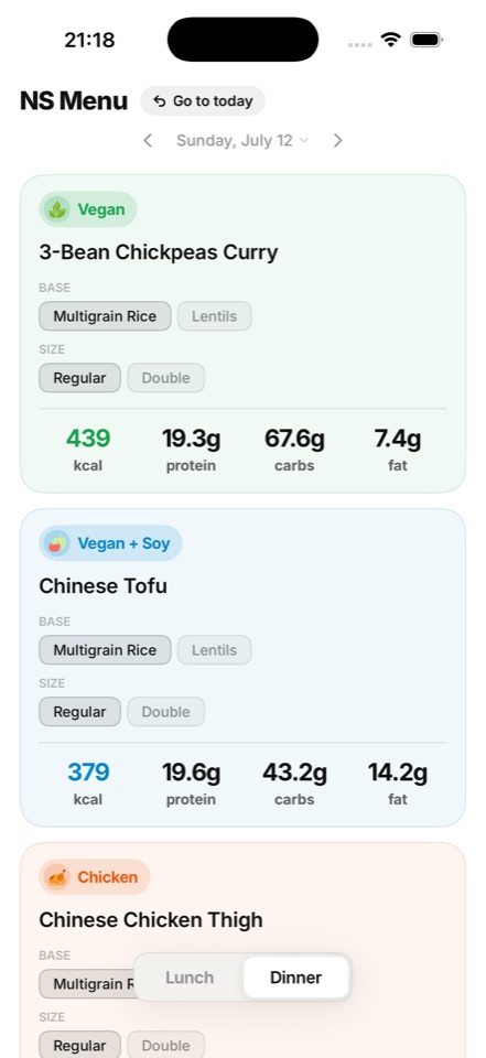 Lunch view: protein cards with base and size selection and macros