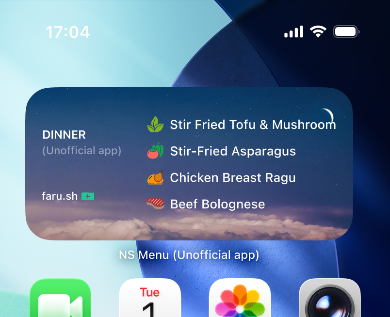 Dinner widget on the home screen: dusk sky with crescent moon, four dishes with category icons