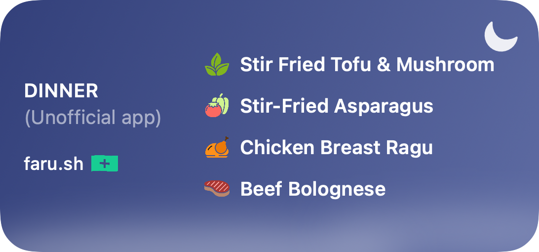 Dinner widget on a dusk sky with crescent moon: four dishes with category icons