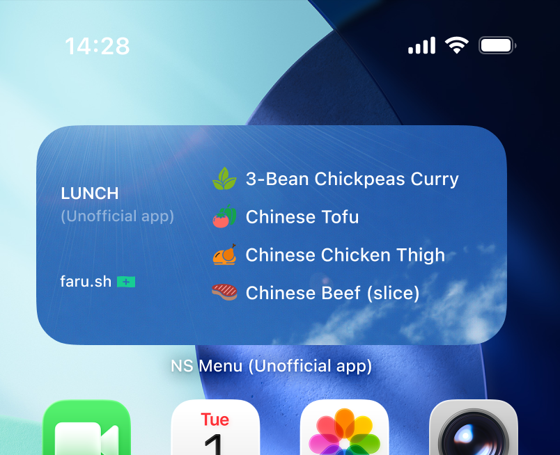 Lunch widget on the home screen: daytime sky, four dishes with category icons